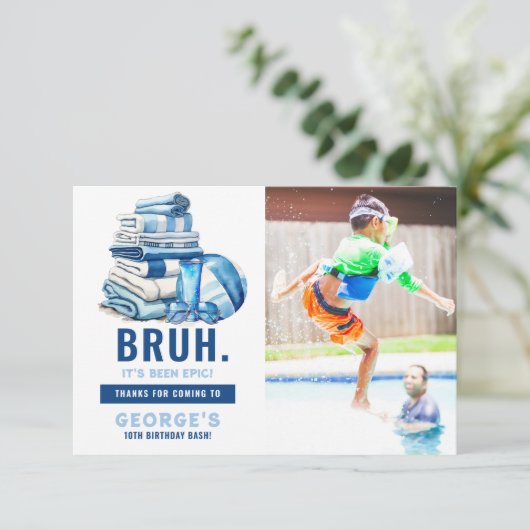 BRUH Blue Pool Party Boy Birthday Dankeskarte (Stehend Vorderseite)