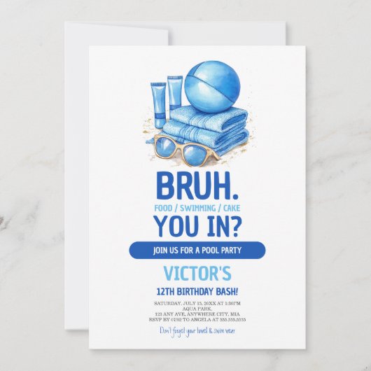 BRUH Blue Pool Party Boy Birthday Einladung (Vorderseite)