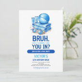 BRUH Blue Pool Party Boy Birthday Einladung (Stehend Vorderseite)