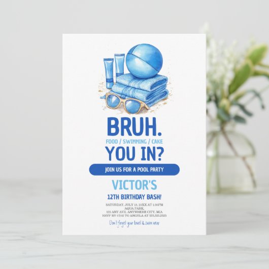 BRUH Blue Pool Party Boy Birthday Einladung (Stehend Vorderseite)