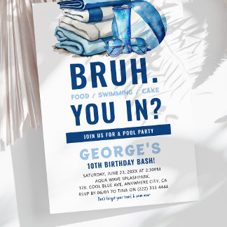 BRUH Blue Pool Party Boy Birthday Einladung