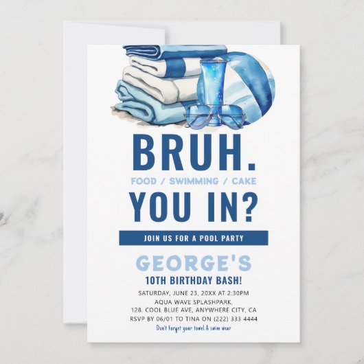 BRUH Blue Pool Party Boy Birthday Einladung (Vorderseite)