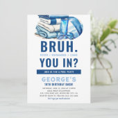 BRUH Blue Pool Party Boy Birthday Einladung (Stehend Vorderseite)