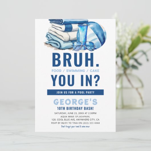 BRUH Blue Pool Party Boy Birthday Einladung (Stehend Vorderseite)