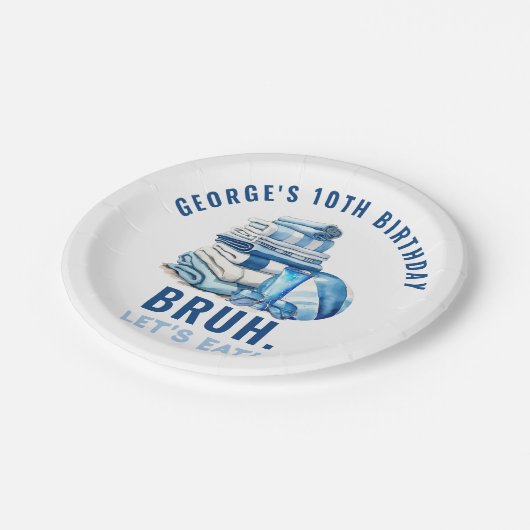 BRUH Blue Pool Party Boy Birthday Pappteller (Schrägansicht)