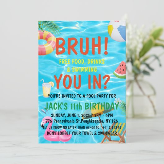 Bruh Boy Pool Party Geburtstag Einladung (Stehend Vorderseite)