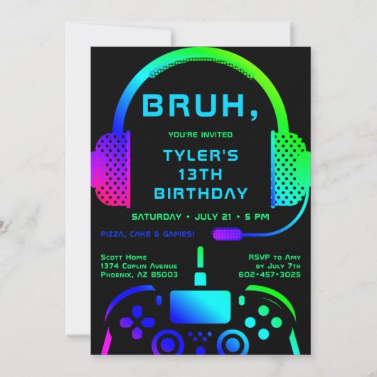Bruh Boy Teen Birthday Neon Video Game Party Einladung (Vorderseite)