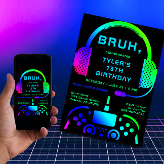 Bruh Boy Teen Birthday Neon Video Game Party Einladung