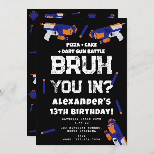 Bruh Boy's Birthday Party Teenager Dart Gun Battle Einladung (Vorne/Hinten)