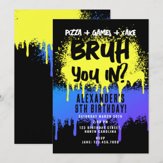 Bruh Boys Geburtstag Neon Graffiti Yellow Blue Einladung