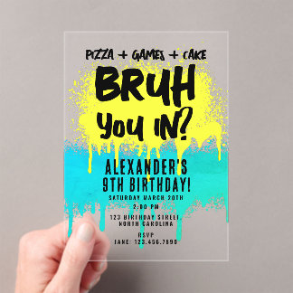 Bruh Boys Geburtstagsneon Graffiti Yellow Aquamari Acryleinladungen