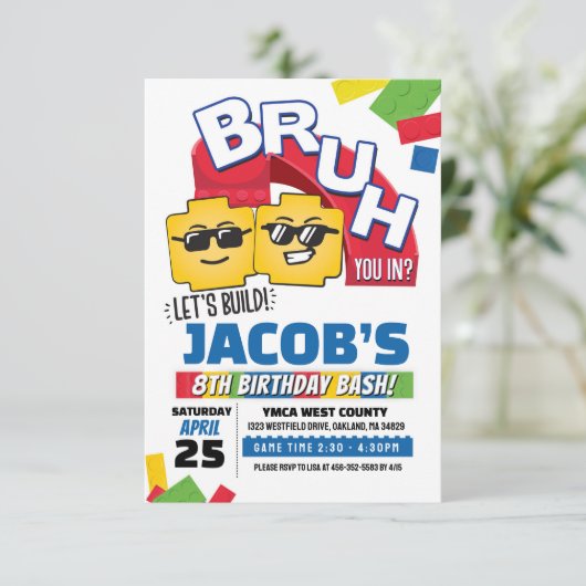 Bruh Building Block Birthday Invitation Einladung (Stehend Vorderseite)
