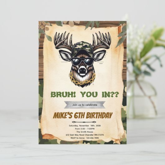 Bruh camo deer hunting party invitation einladung (Stehend Vorderseite)