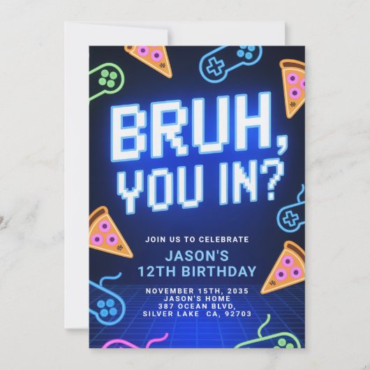Bruh dich rein? Neon Video Game Birthday Party Einladung (Vorderseite)