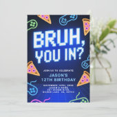 Bruh dich rein? Neon Video Game Birthday Party Einladung (Stehend Vorderseite)