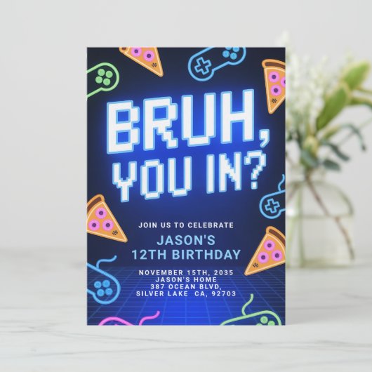 Bruh dich rein? Neon Video Game Birthday Party Einladung (Stehend Vorderseite)