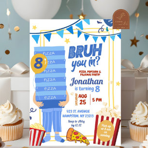 Bruh Du in blauen Pizza-Popcorn-Pyjamas Geburtstag Einladung