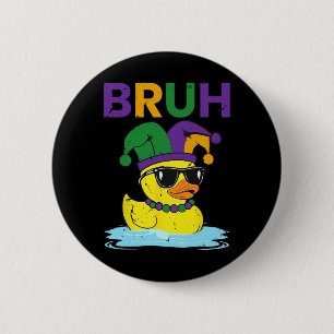Bruh Funny Duck Mardi Gras Rubber Duck with Jester Button