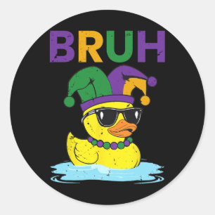 Bruh Funny Duck Mardi Gras Rubber Duck with Jester Runder Aufkleber