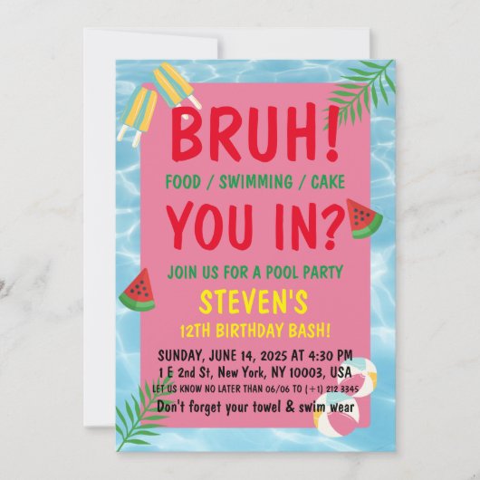 Bruh Geburtstag Pool Bash Einladung (Vorderseite)