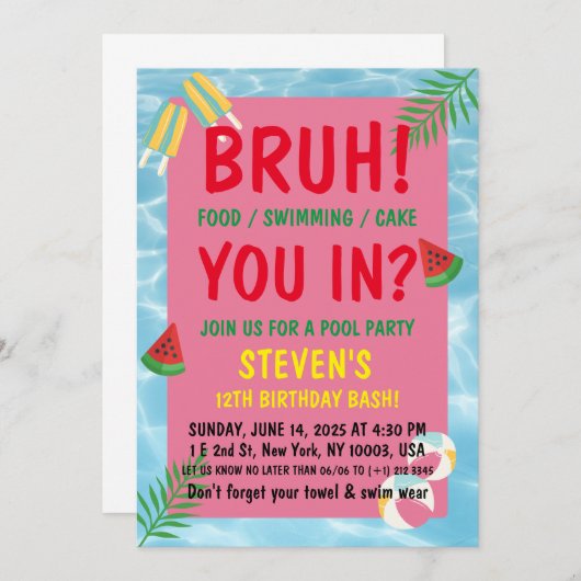 Bruh Geburtstag Pool Bash Einladung (Vorne/Hinten)