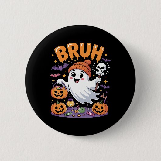 Bruh Ghost Halloween Candy Niedlich Ghost Kids Button (Vorderseite)