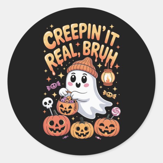 Bruh Ghost Halloween Niedlich Ghost Trick oder Tre Runder Aufkleber (Vorderseite)