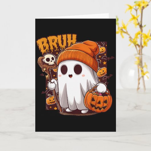 Bruh Ghost Happy Halloween Trick Or Treat Pumpkin Karte (Gelbe Blume)