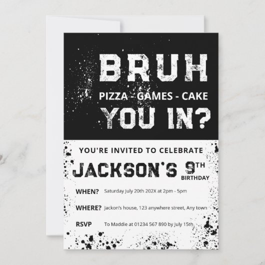 BRUH Grunge Paint Splatter Boy Birthday Invitation Einladung (Vorderseite)