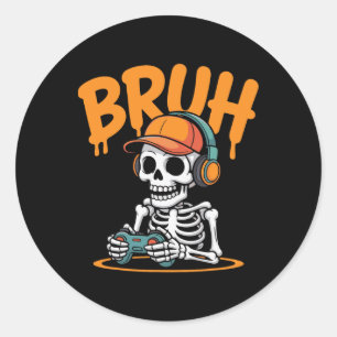 Bruh Halloween Jungen Kinder Gamer Männer Skelett  Runder Aufkleber