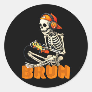 Bruh Halloween-Skelett-Gamer-Video-Gaming-Jungen M Runder Aufkleber