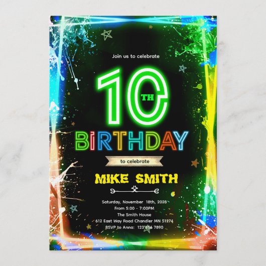 Bruh neon 10 birthday invitation einladung (Vorderseite)