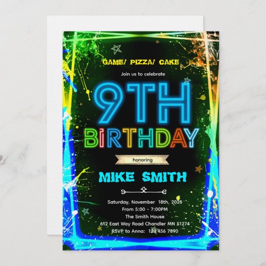 Bruh neon 9 birthday invitation einladung (Vorne/Hinten)