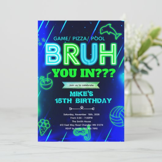 Bruh Neon pool Birthday Invitation Einladung (Stehend Vorderseite)