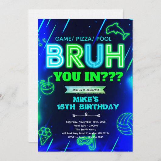 Bruh Neon pool Birthday Invitation Einladung (Vorne/Hinten)