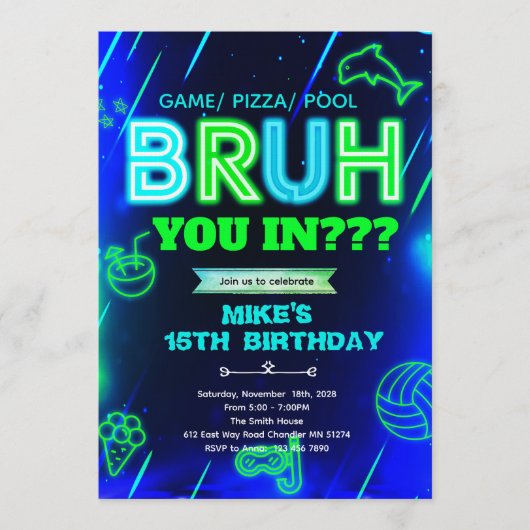Bruh Neon pool Birthday Invitation Einladung (Vorderseite)