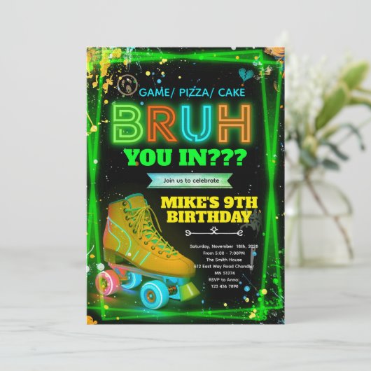 Bruh neon roller skate invitation einladung (Stehend Vorderseite)