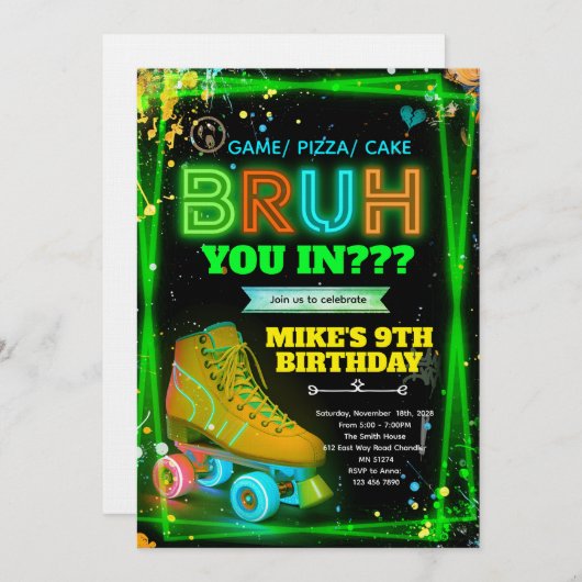 Bruh neon roller skate invitation  einladung (Vorne/Hinten)