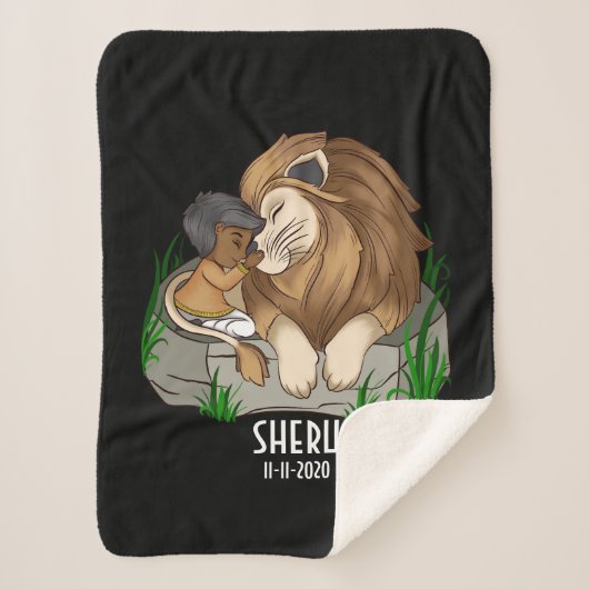 Bruin jongetje die een leeuw knuffelt sherpadecke (Vorderseite)
