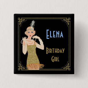 Brüllende 20er Flapper Gold Glitter Schwarz Retro Button