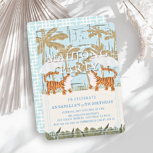 Brüllende Tiger Blaue Chinoiserie Mahjong Geburtst Einladung