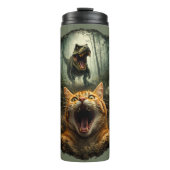 Brüllender T-Rex & schreiende Katze Lustiger Dinos Thermosbecher (Vorderseite)