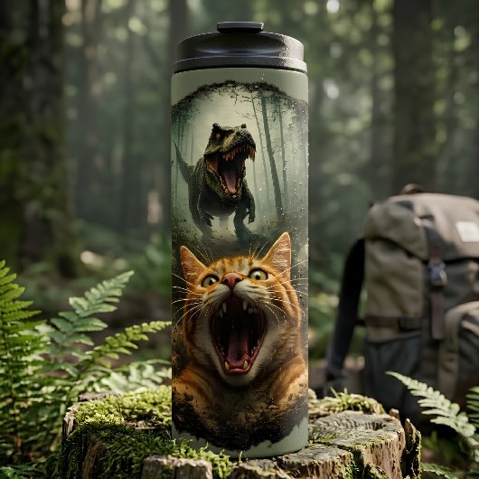 Brüllender T-Rex & schreiende Katze Lustiger Dinos Thermosbecher