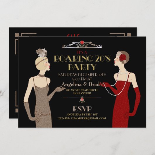 Brüllenzwanziger jahre Prallplatten-GoldGlitzer Einladung (Vorne/Hinten)