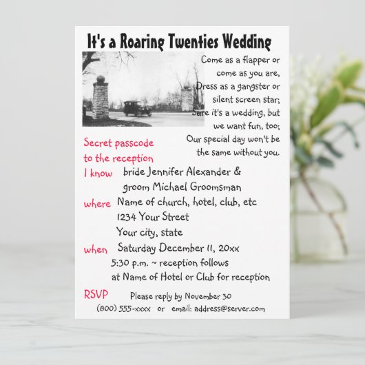 Brüllenzwanziger jahre Thema-Hochzeit Einladung (Stehend Vorderseite)