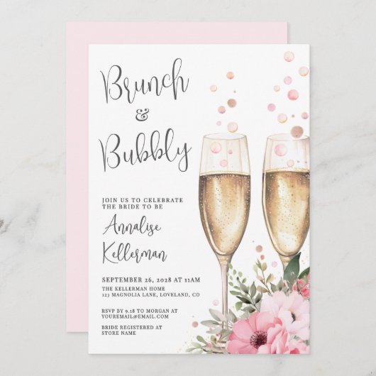 Brunch And Bubbly Floral Bridal Shower Einladung (Vorne/Hinten)
