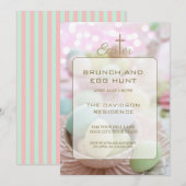 Brunch and Egg Hunt Pink Green Stripes Einladung (Vorne/Hinten)