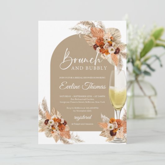 Brunch aus orangefarbenem Champagner Einladung (Stehend Vorderseite)