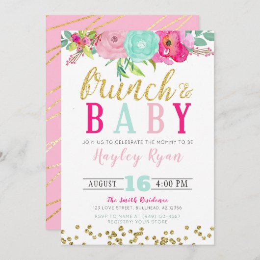 Brunch & Baby Summer Blume Boho Gold Glitzer Einladung (Vorne/Hinten)