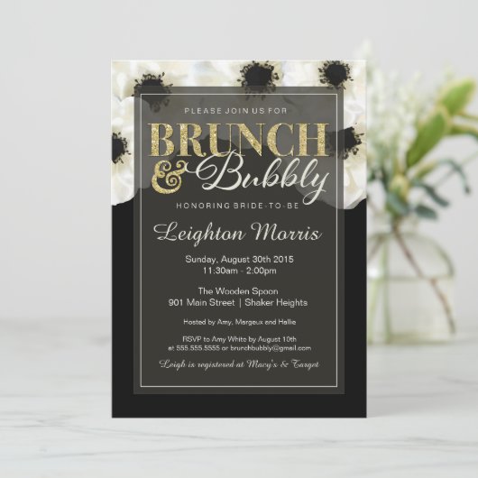 Brunch & Bubble Gold Glitzer Anemone Dusche Einladung (Stehend Vorderseite)